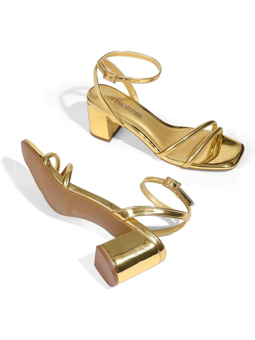 Women's Gold Faux Leather Square-Toe Chunky Block Ankle Buckle Heeled Sandals